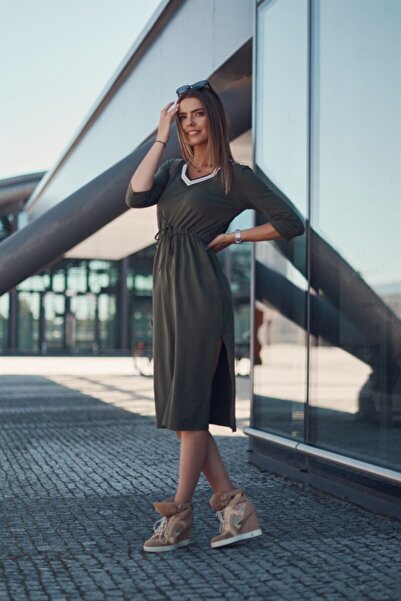 fasardi V Yaka Yırtmaçlı Beli Lastikli Midi Elbise