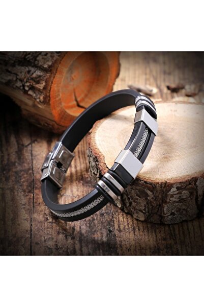 Gogoey Men's Bracelet - Wicker Steel Square Bracelet in Rubber Middle