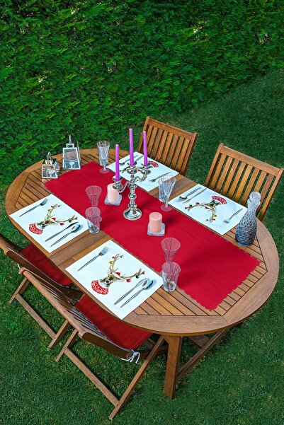 Realhomes 4+1 Yılbaşı Kırmızı & Geyik Tasarımlı Amerikan Servis & Runner Seti