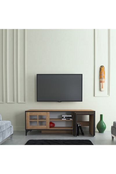 PASİFİC HOME Revival Metal Ayaklı Sürgülü Tv Ünitesi, Zigon Sehpalı, 150 Cm, Koyu Meşe