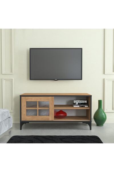 PASİFİC HOME Revival Metal Ayaklı Sürgülü Tv Ünitesi,100 Cm, Koyu Meşe