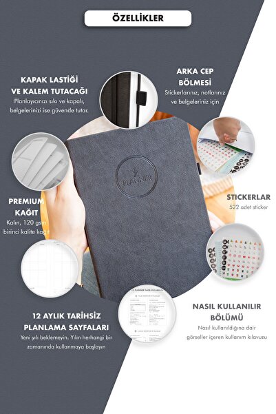 Fufizu Tarihsiz Ajanda - Haftalık Planlayıcı 12 Aylık Fz Planner Siyah