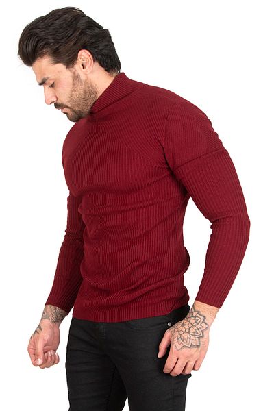 DeepSEA Men's Burgundy Turtleneck Striped Slim Fit Knitted Sweater2100015