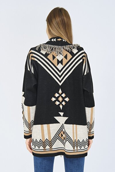 Ocean Ethnic Patterned Black Ecru Cardigan