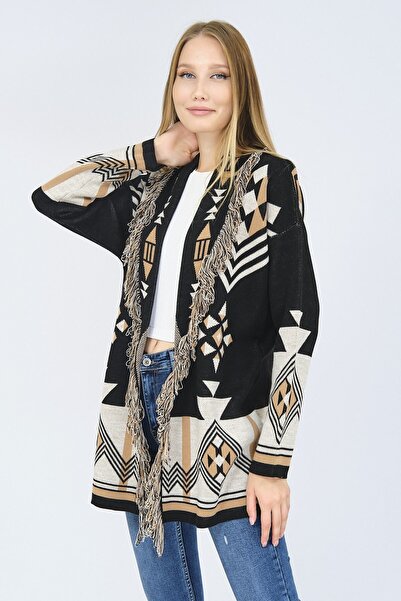 Ocean Ethnic Patterned Black Ecru Cardigan