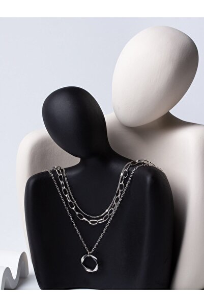 X-Lady Accessories Gümüş Renk Bükümlü Yuvarlak Charm Katmanlı Kolye