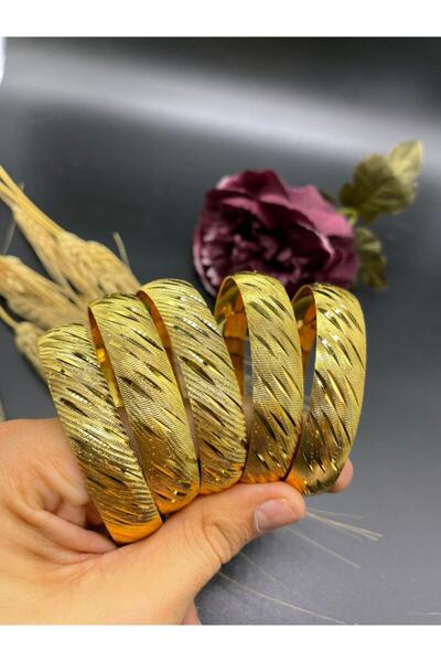 Yıldız Gold İmitasyon 22 Ayar Altın Kaplama Kesik Çizgi Desen 5'li 1.5 Cm Bilezik