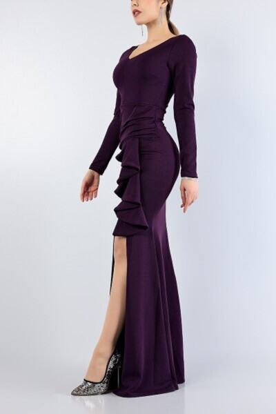 Secret Passion Lingerie Decolteu în V, cu fantă, detaliu cu volan, țesătură creponată elastică, rochie de seară lungă mov Rochie de petrecere de nuntă 581843   099