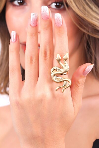 LABALABA Kadın Mat Altın Renk Kaplama Ayarlanabilir Çift Başlı Yılan Yüzük