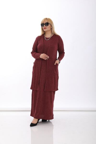 Şirin Butik Γυναικείο Κοστούμι Γιλέκο Βουργουνδίας Μεγάλου Μεγέθους