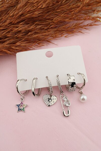 By Zeyna Aksesuar Kadın Kararmaz Altın Kaplama Incili 6 Lı Küpe Seti