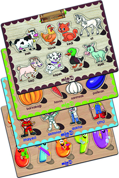 minİQ toys Ahşap Türkçe Ciftlik Hayv.+sebzeler-meslekler-sayilar 4’lü Set Eği...