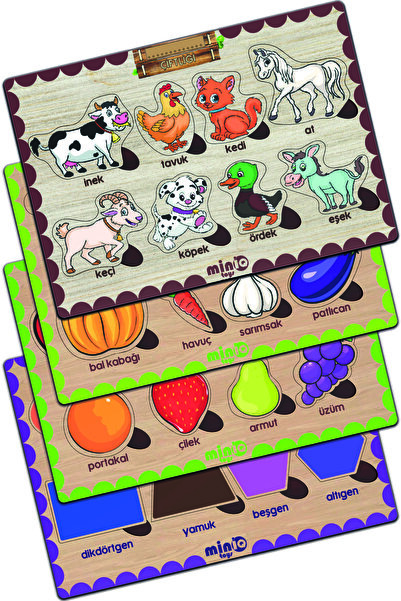 minİQ toys Ahşap Türkçe Ciftlik Hayv.+sebzeler-meyveler-sekiller 4’lü Set Eği...