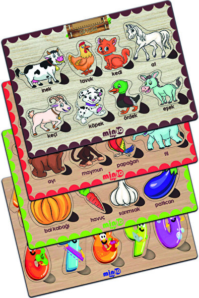 minİQ toys Ahşap Türkçe Ciftlik Hayv.+orman Hayv.-sebzeler-sayilar 4’lü Set E...