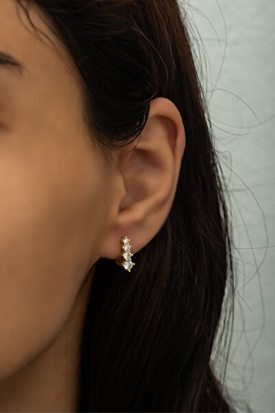 Nereze 925 Ayar Gümüş Gold 4 Taş Tasarım Küpe