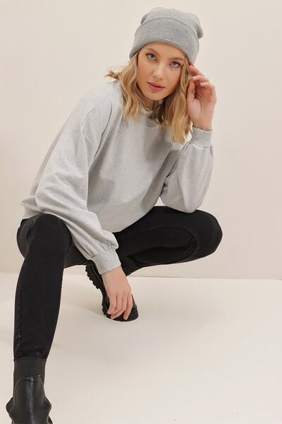 Trend Alaçatı Stili Dámská šedá mikina Crew Neck Oversize Basic ALC-669-001