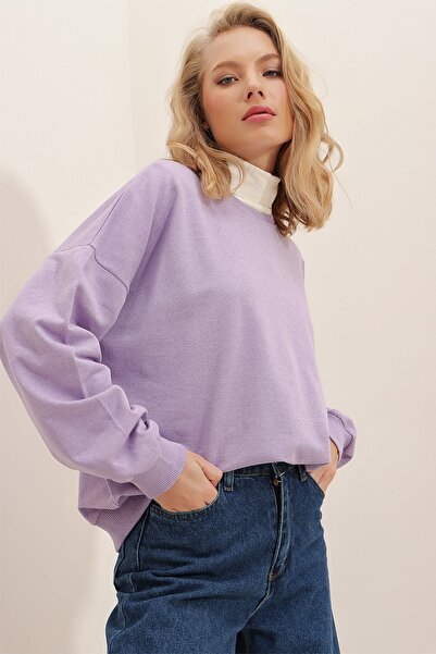 Trend Alaçatı Stili Sweatshirt - Lila - Oversize