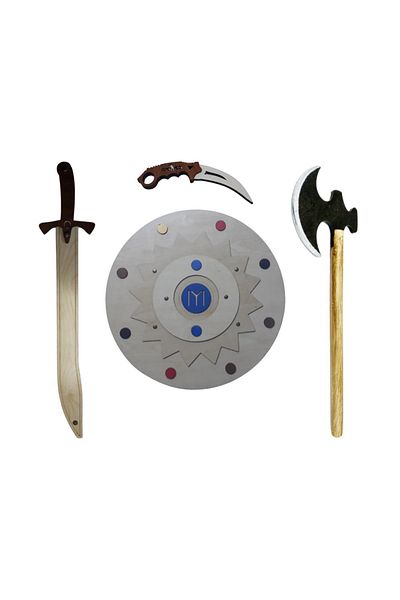 Ahtek Wooden Toy Set of 4, Kayi Shield + Sword + Axe and Toy Knife