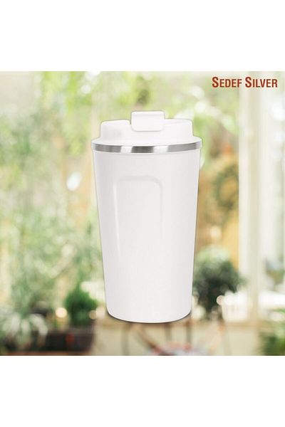 SEDEF SİLVER Double Layer Hand-Free 380 ml Small Stainless Steel Leakproof In-Car Cup Thermos Mug Tea Thermos