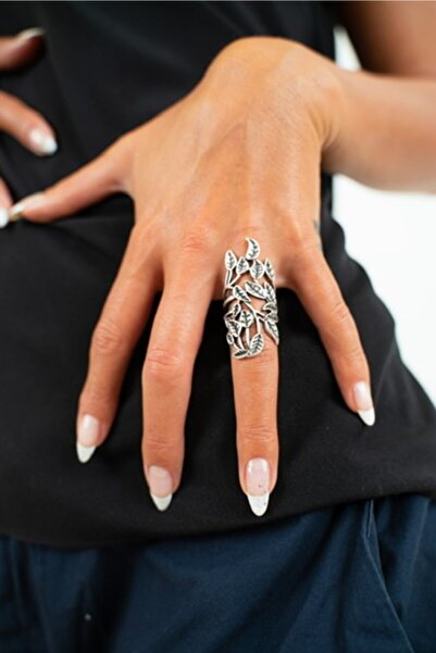 Kutcha Accessories Gümüş Yaprak Desenli Ayarlanabilir Yüzük