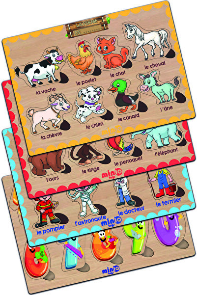 minİQ toys خشبية فرنسية مزرعة الحيوان غابة الحيوان المهن أرقام مجموعة من 4 لغ...