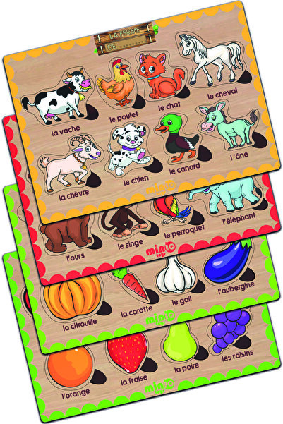 minİQ toys Ahşap Fransızca Ciftlik Hayv.-orman Hayv.-sebzeler-meyveler 4’lü S...