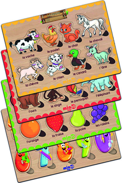 minİQ toys Ahşap Fransızca Ciftlik Hayv.-orman Hayv.-meyveler-sayilar 4’lü Se...