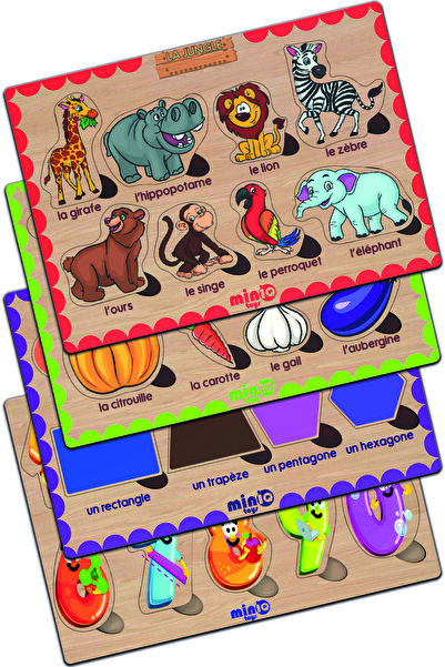 minİQ toys Wooden French Forest Animals-vegetables-shapes-numbers Set of 4 Ed...