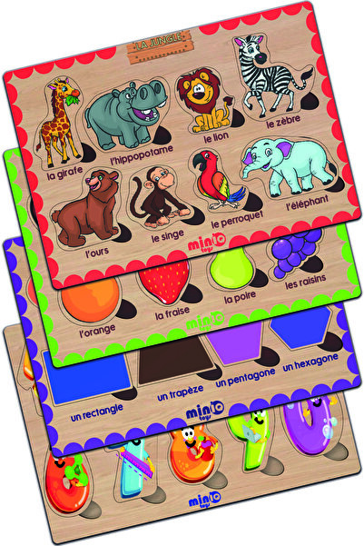 minİQ toys Ahşap Fransızca Orman Hayv.-meyveler-sekiller-sayilar 4’lü Set Eği...