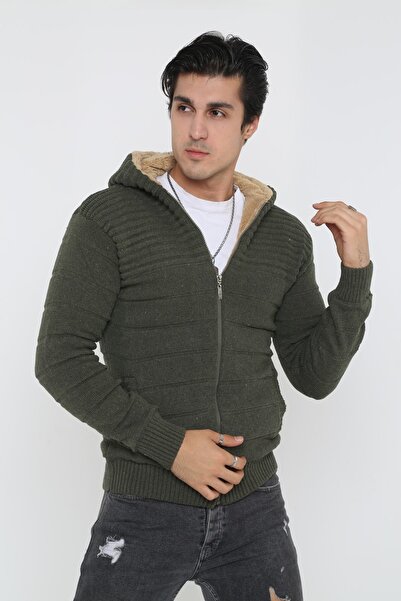 KMKkombin Чоловічий хакі з хутром на капюшоні, трикотажний кардиган