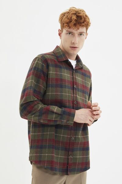 Trendyol Collection Téli khaki kockás favágó ing - normál szabású TMNAW21GO0024