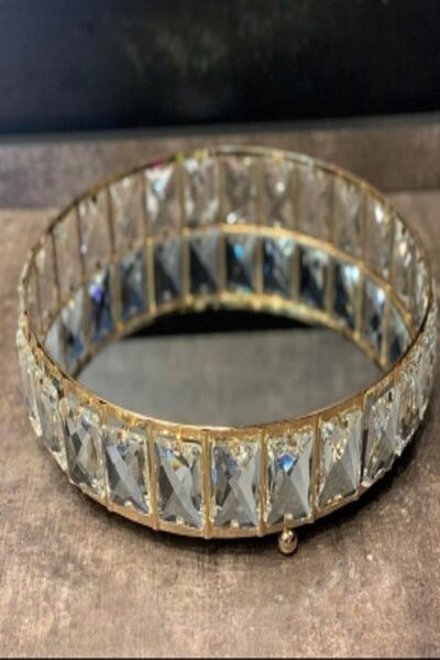 decovien 35 Cm Round Gold Tray - Crystal Stone and Mirror