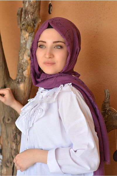 Veille Floral Patterned Purple Shawl