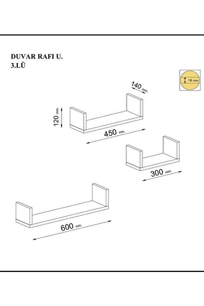 Egecan Mobilya Beyaz Duvar Rafı U Model Raf Uçan Raf Gizli Raf