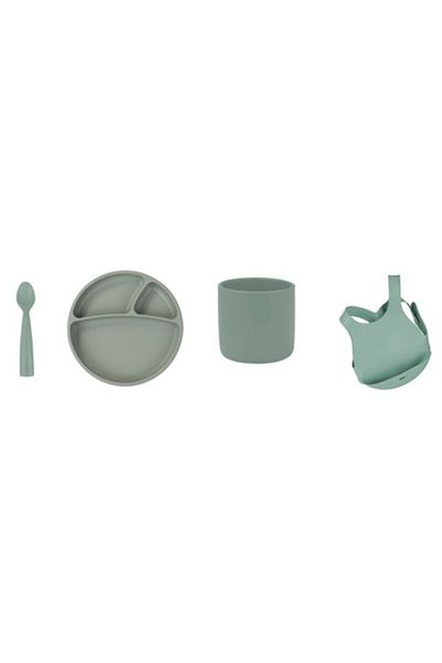 OiOi Set of 4 Bowl with Lid Nam Nam Spoon River Green Portion Plate Food Bib