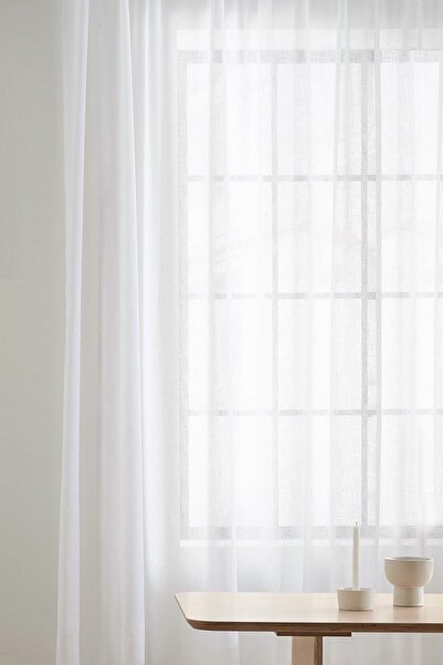 RİTMOHOME Natural Linen Look Off-White Tulle Curtain (No Pleats)