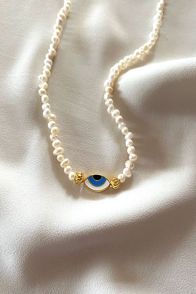 gaila design Natural Pearl Necklace with Evil Eye Detail