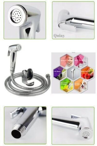 QNİAY Krom Tabancalı Taharetmatik Musluk Seti Spiral Hortumlu