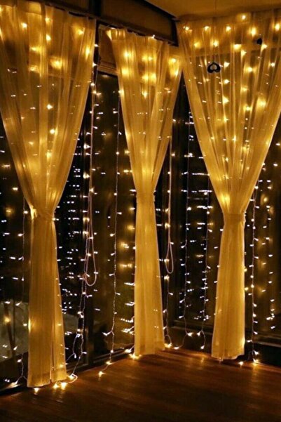 Modaba 3x2 M Saçaklı Dekoratif Led Işık Sarkıt Sarı Renk Ip Perde Dekor Parti Led Işığı Dekor Perde Led