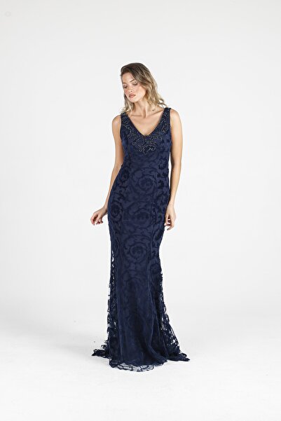 ALİS DRESS Lacivert Kadife Desenli Abiye
