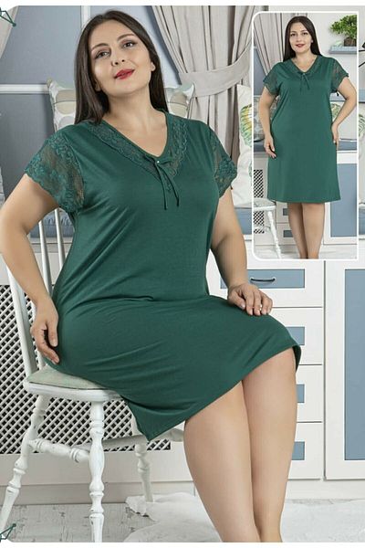 JENİKA Women's Large Size Lace Collar Short Sleeve Nightgown