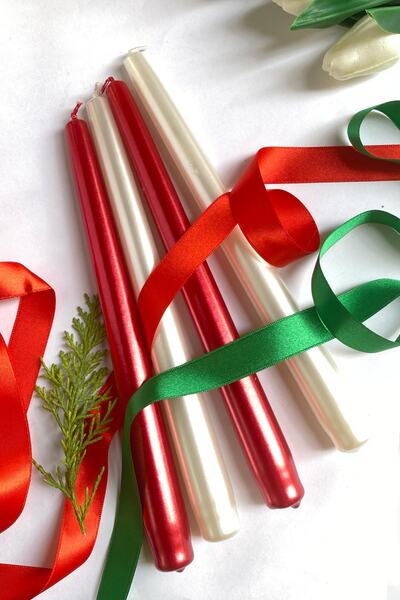 SANAT SEPET İŞLERİ Premium Yılbaşı Özel Kırmızı + Beyaz Renk Sedefli Kokulu Konik Şamdan Mum - 4'lü Set