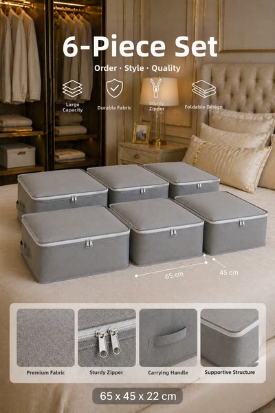 Çınar Ev Tekstil Set of 6 Storage Boxes 65X45X22 cm Gray – Foldable Zippered ...