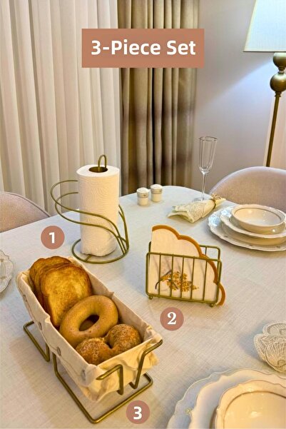 Edora Home Set of 3 Matte Gold Rectangular Bread Basket Cage Napkin Holder Sw...