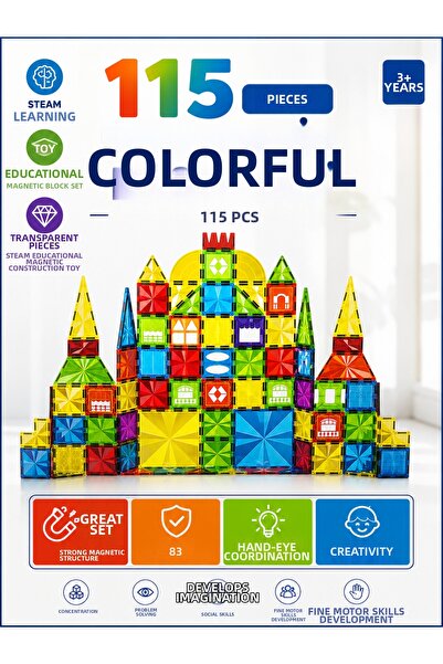 YILDIRIM OYUNCAK 115 Piece Magnetic Block Set – Steam Educational Magnetic Ti...
