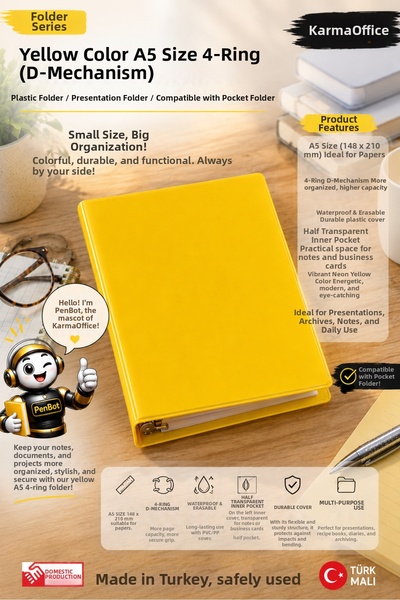KarmaOfis Yellow A5 4-Ring D-Ring Plastic Folder Presentation and Archive File