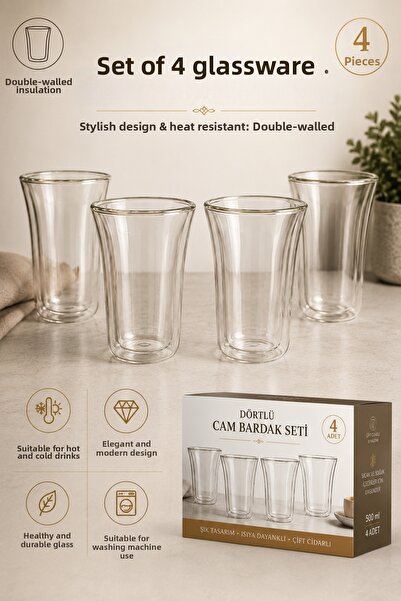 Bayguru Set of 4 Double-Walled Glass Cups 500ml – Heat Insulated Stylish Design
