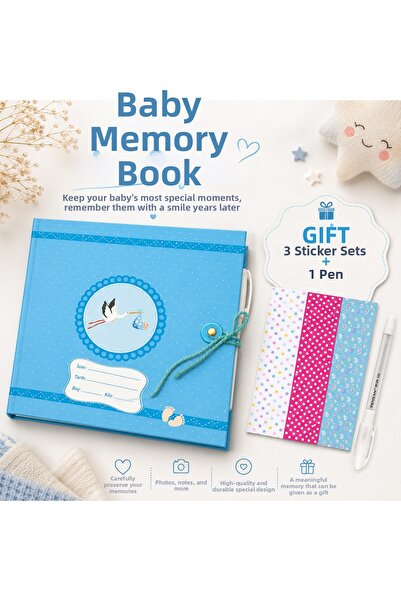 POLABOOK Baby Boy Memory Book with Blue Stork Figure, 12 Sheets - with Sticke...