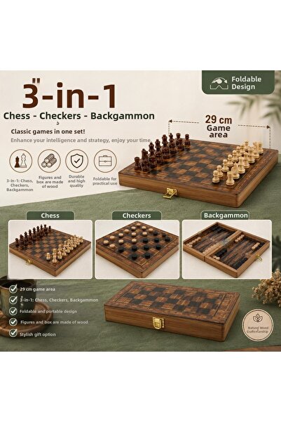 e-life shop Luxury Wooden 3-in-1 Chess Checkers Backgammon Set Foldable Inter...