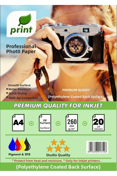 PRİNT ورق صور لامع ممتاز مقاس A4 260 جرام 20 ورقة لطابعات إبسون 103 L3160